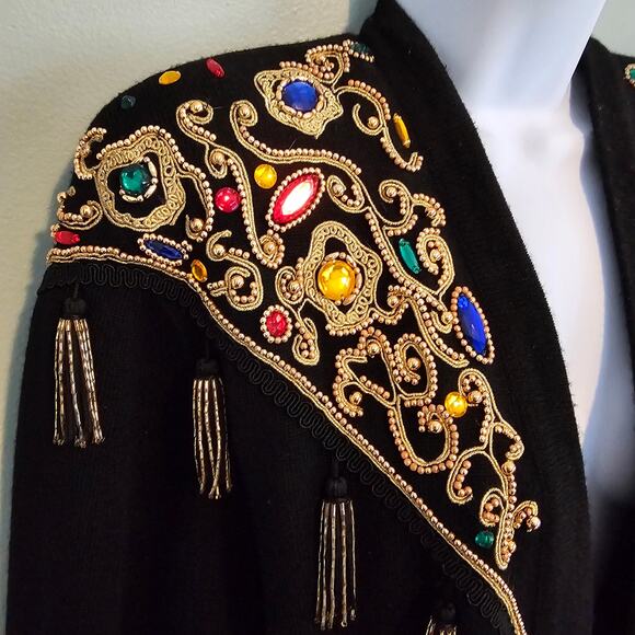 Vintage Diane Freis Jeweled Tasseled Embroidered Black Wool Cardigan Size L/XL - Picture 8 of 10